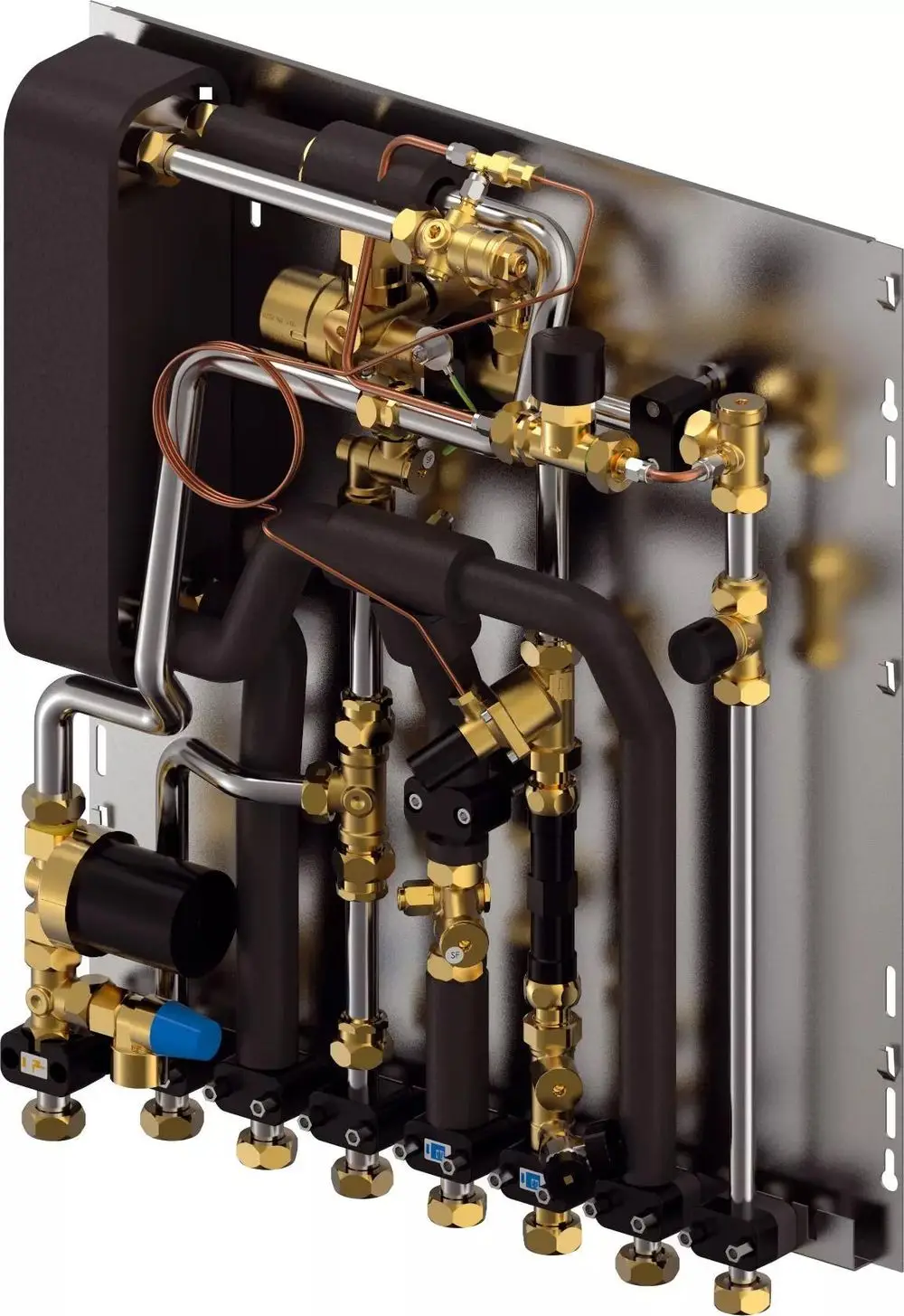 Uponor Wohnungsstation mit mehreren Kupfer- und Kunststoffleitungen, verschiedenen Ventilen und Komponenten zur Regelung des Heizungswassers.